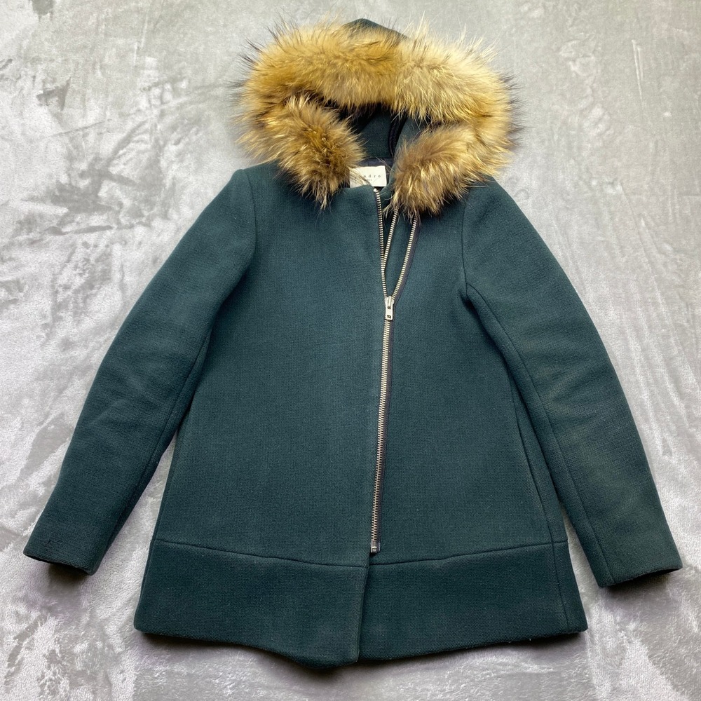 Sandro Paris Women's Gree Wool Blend‎ Fur Hooded Coat Size 36 Cottagecore